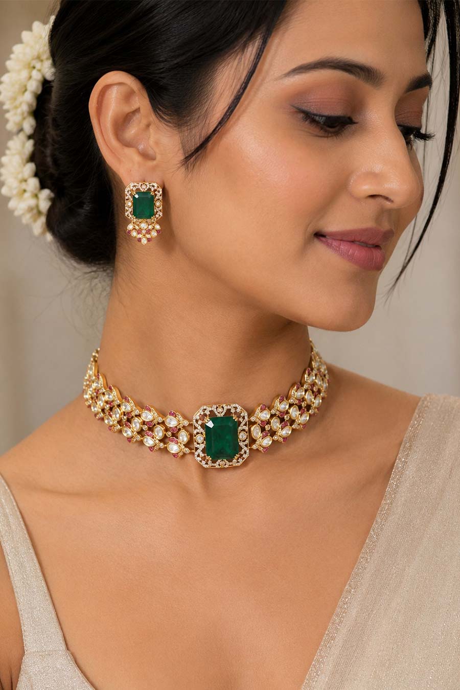 Emerald Green Polki Choker Necklace & Earrings Set