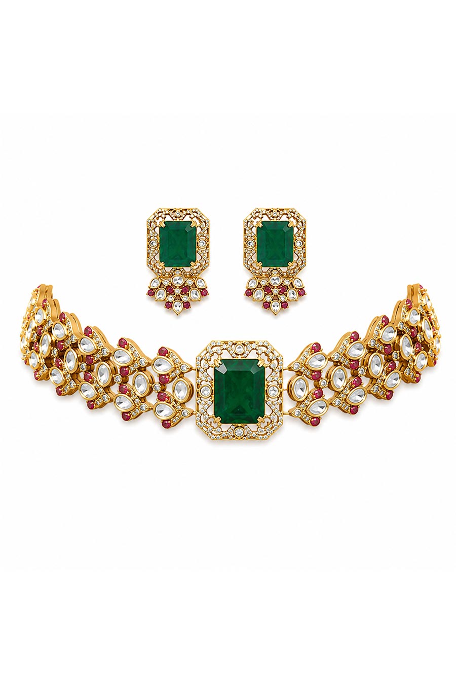 Emerald Green Polki Choker Necklace & Earrings Set