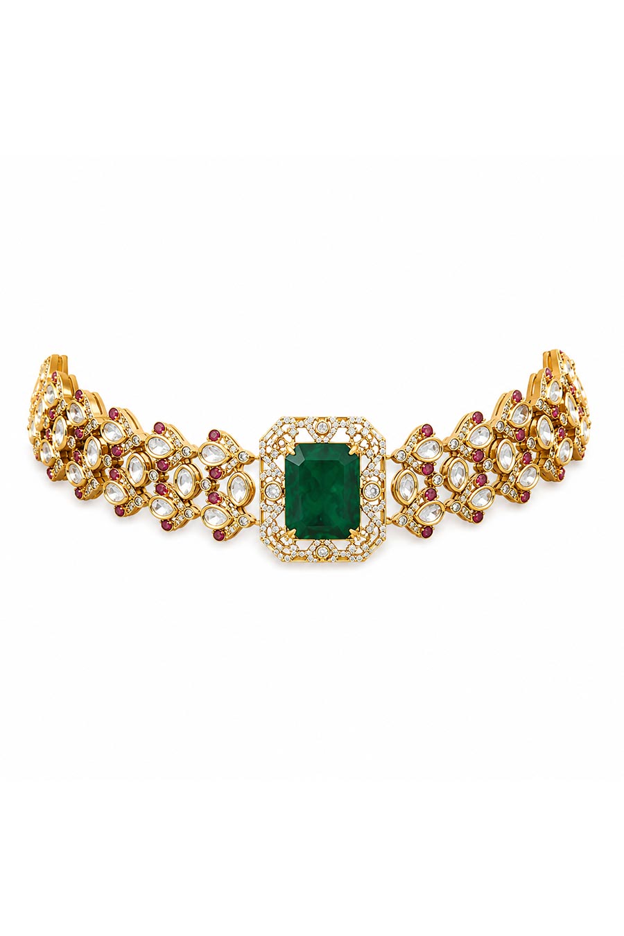 Emerald Green Polki Choker Necklace & Earrings Set