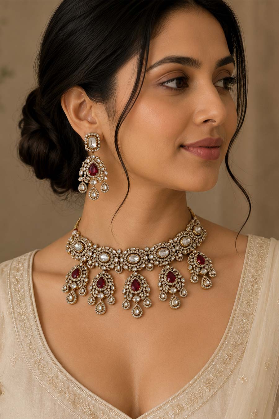 Ruby Polki Choker Necklace & Chandelier Earrings Set