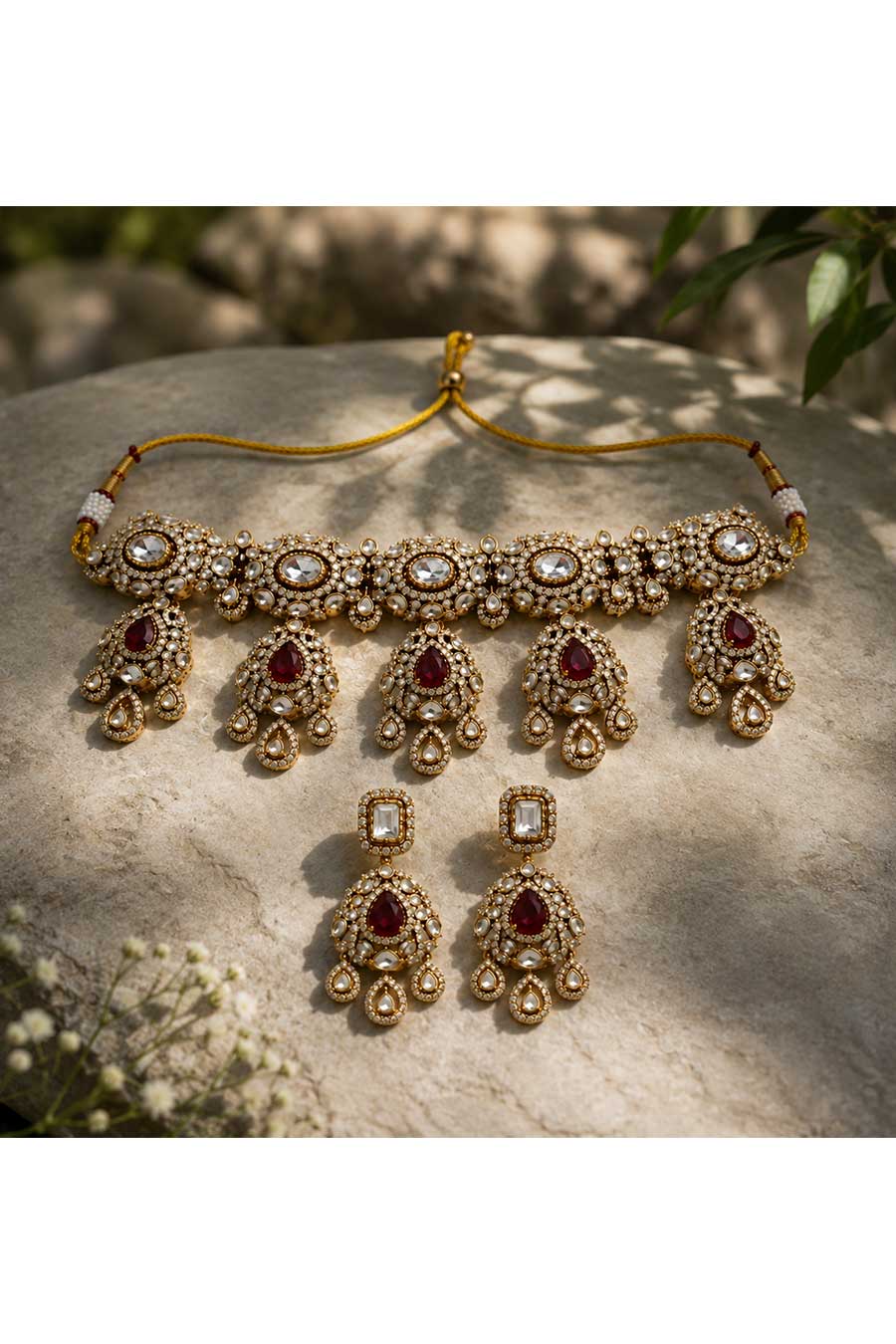 Ruby Polki Choker Necklace & Chandelier Earrings Set
