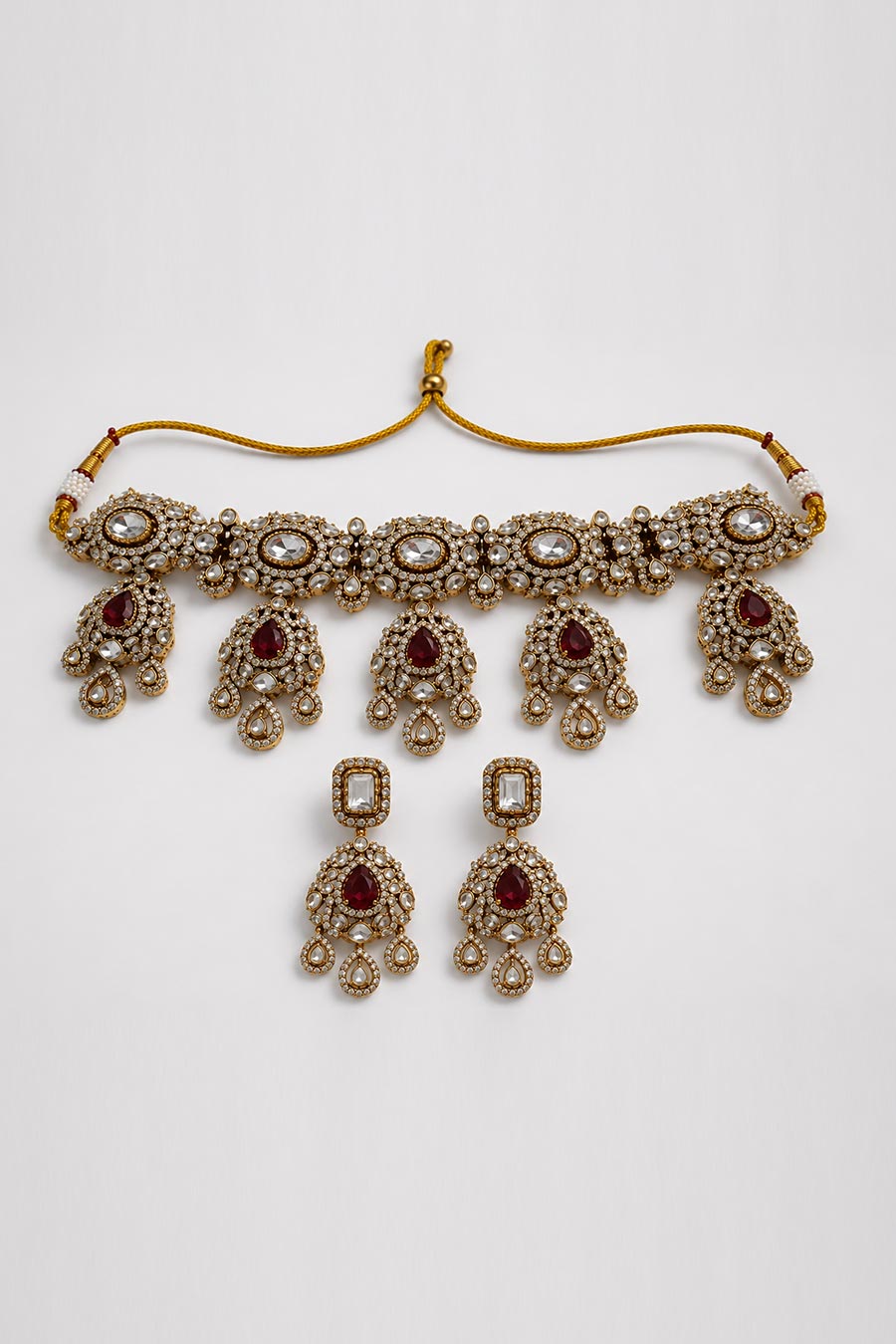 Ruby Polki Choker Necklace & Chandelier Earrings Set