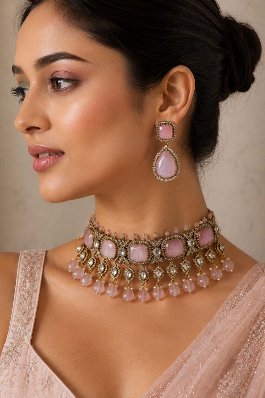 Pastel Pink Polki Choker Necklace & Earrings Set
