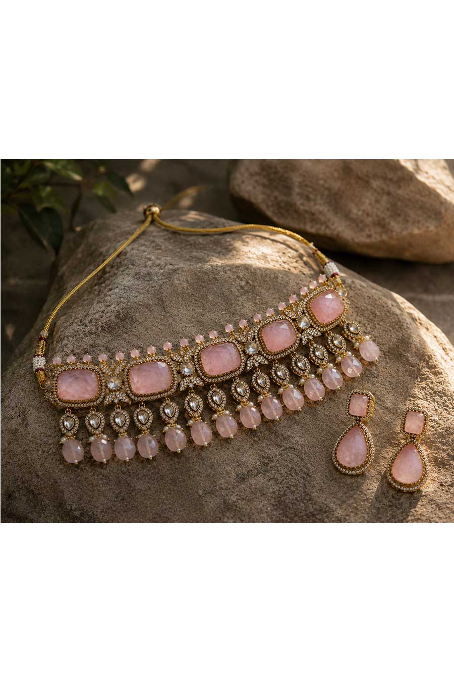 Pastel Pink Polki Choker Necklace & Earrings Set