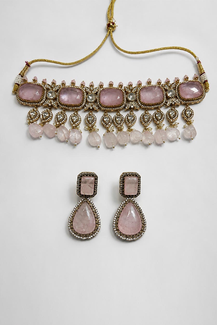Pastel Pink Polki Choker Necklace & Earrings Set