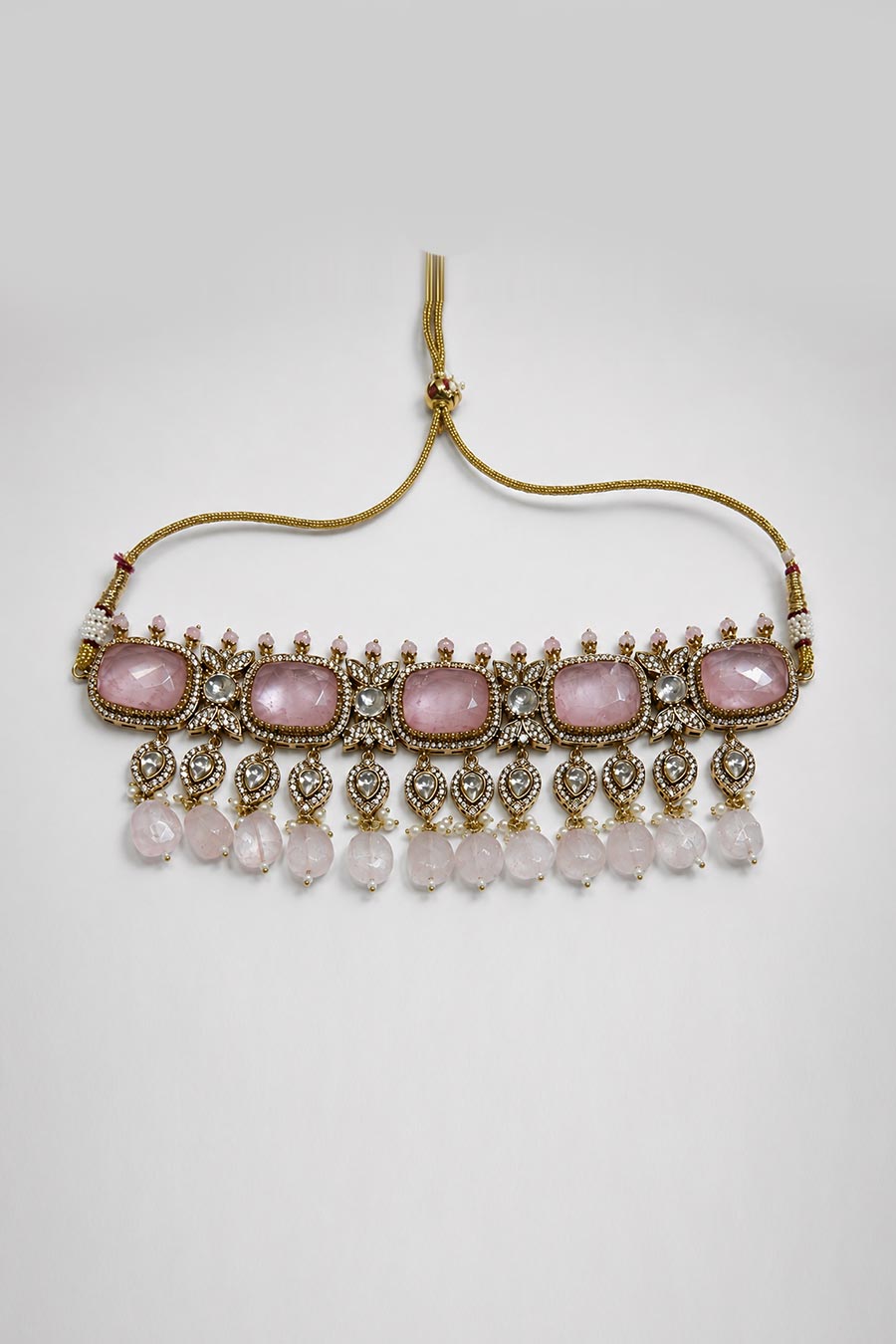 Pastel Pink Polki Choker Necklace & Earrings Set