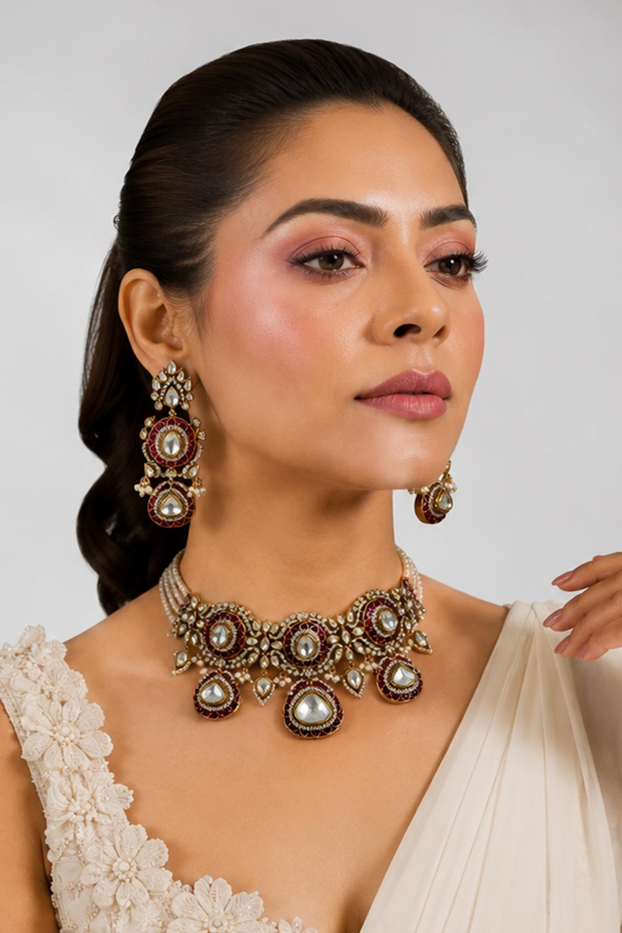 Ruby Red Polki Choker Necklace & Earrings Set