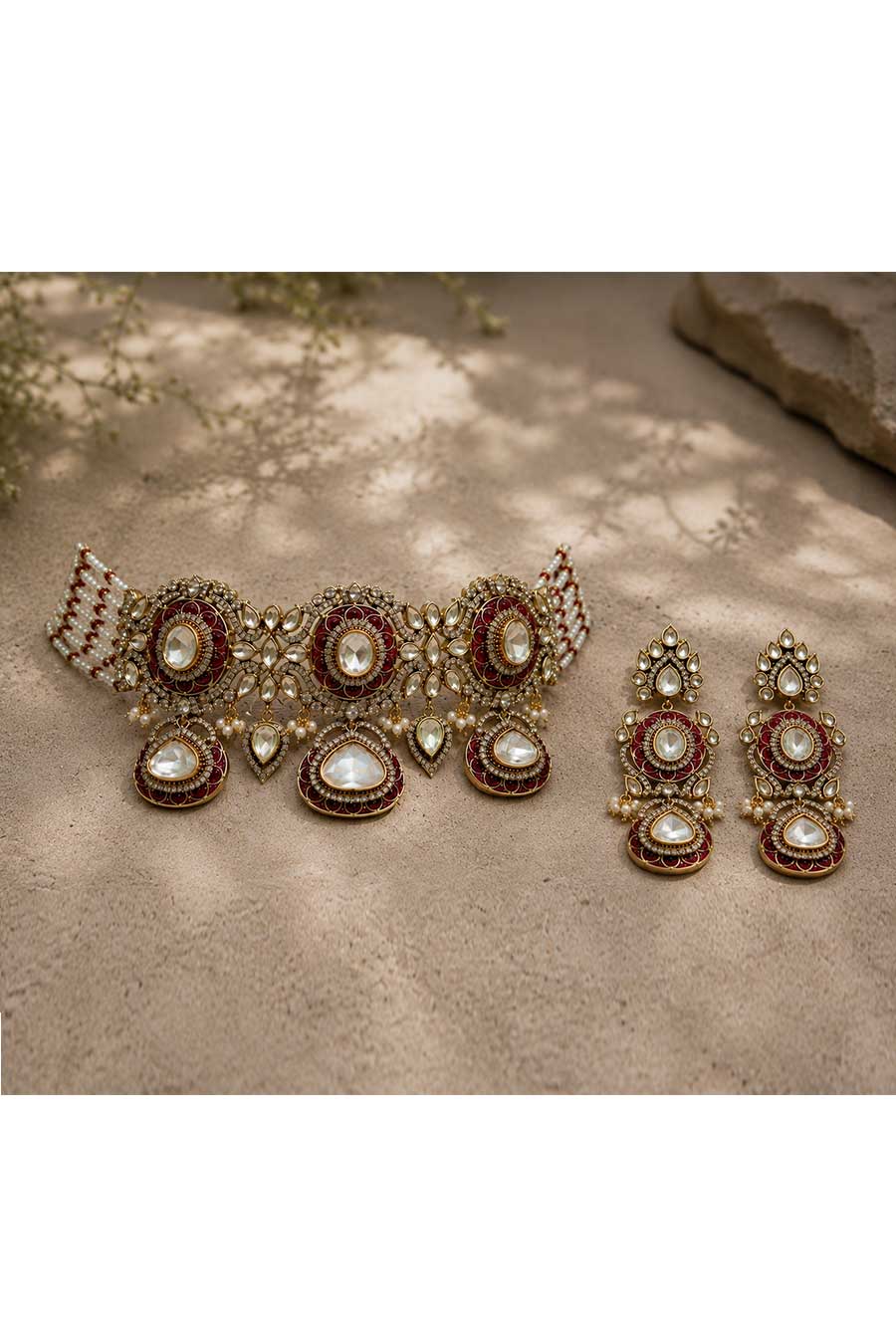 Ruby Red Polki Choker Necklace & Earrings Set