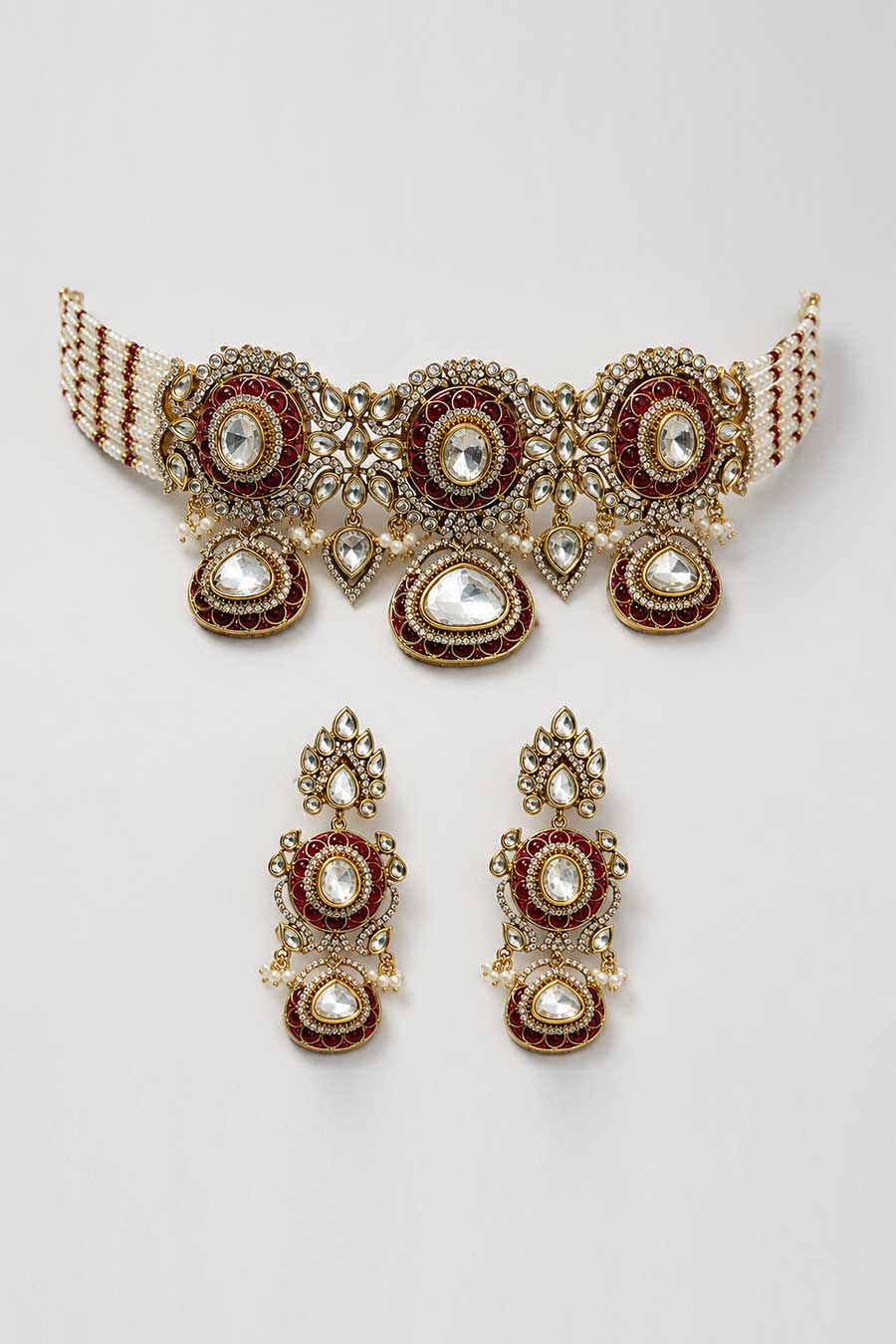 Ruby Red Polki Choker Necklace & Earrings Set