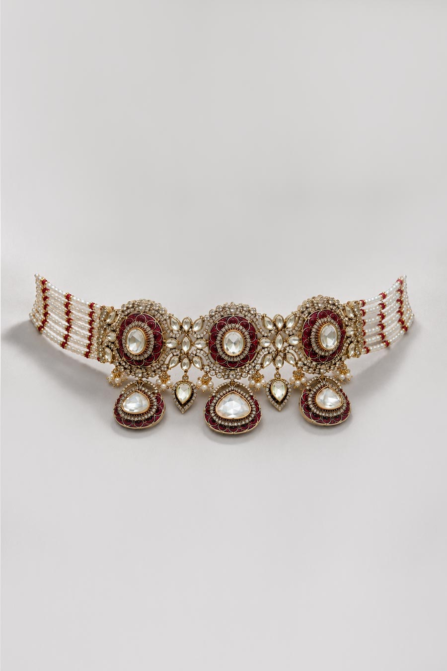 Ruby Red Polki Choker Necklace & Earrings Set