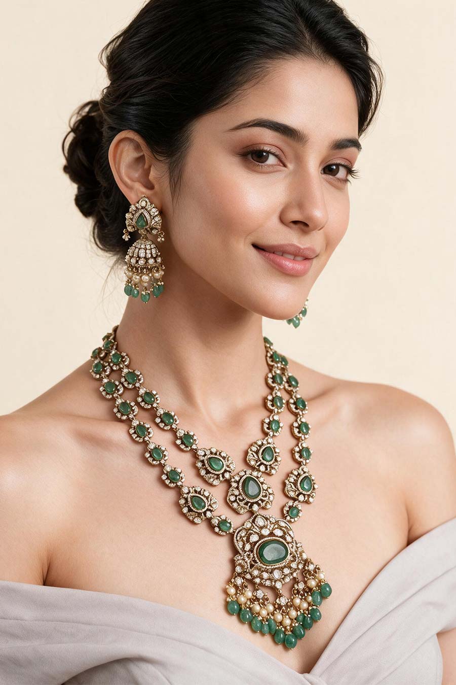 Sage Green Polki Two-Layered Necklace & Earrings Set
