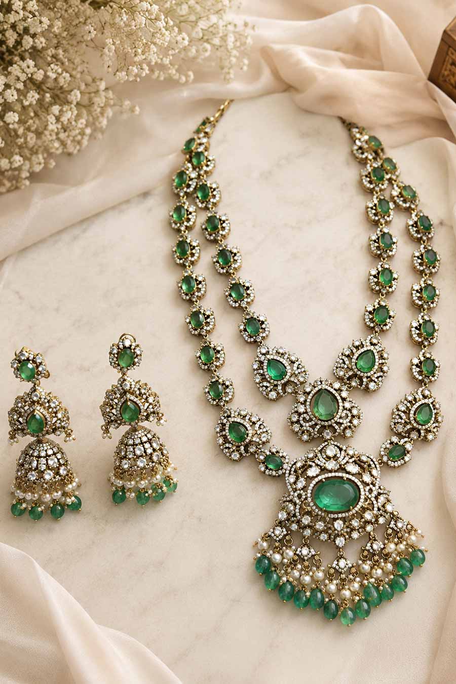 Sage Green Polki Two-Layered Necklace & Earrings Set