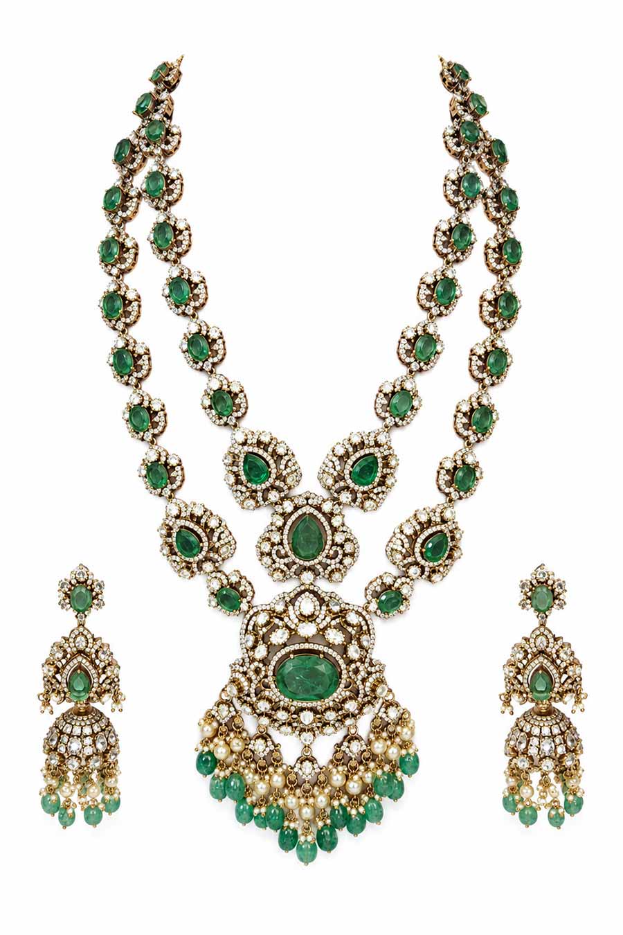 Sage Green Polki Two-Layered Necklace & Earrings Set
