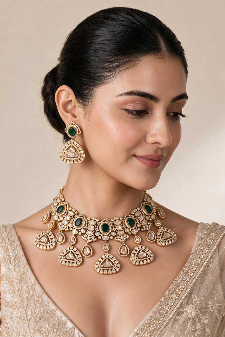 Emerald Kundan Necklace & Earrings Set