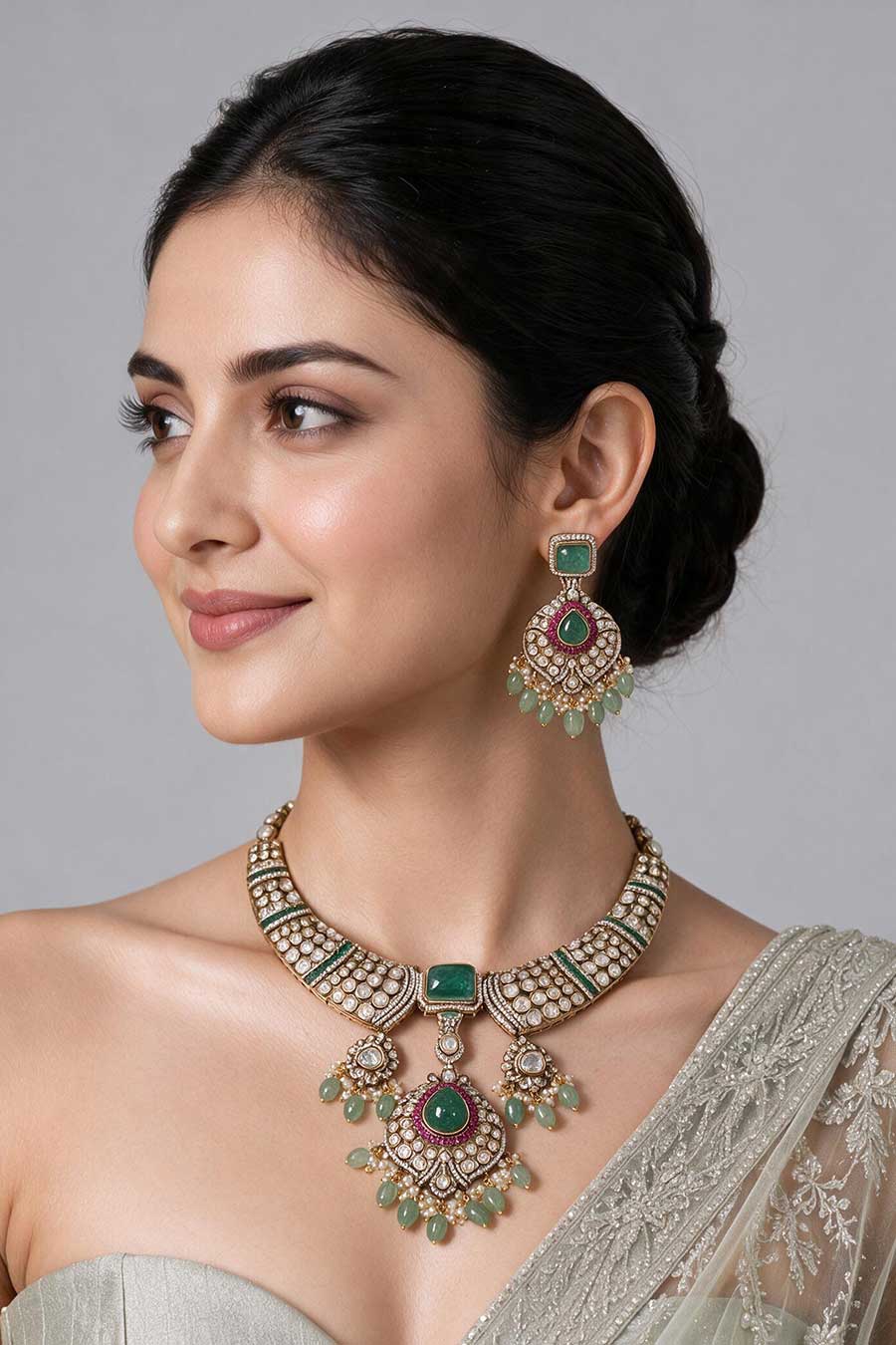 Emerald Polki Necklace & Earrings Set