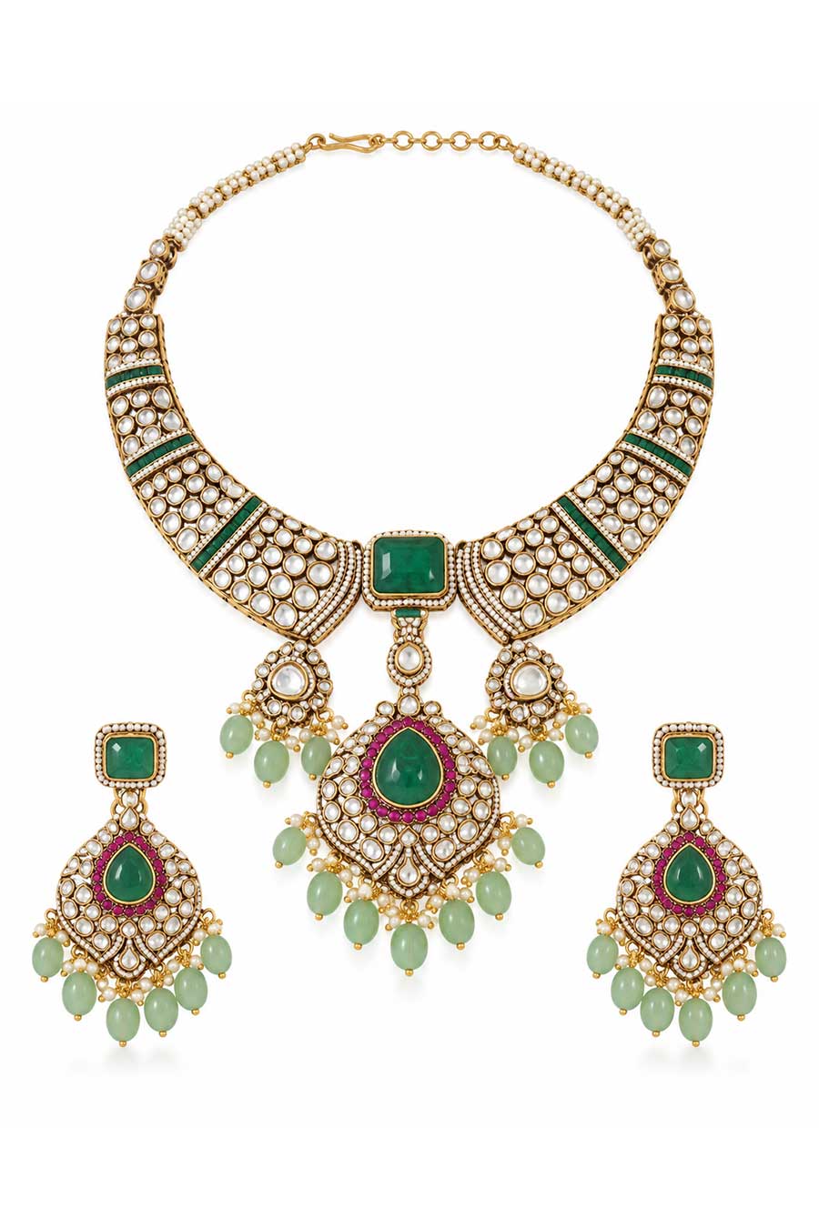 Emerald Polki Necklace & Earrings Set