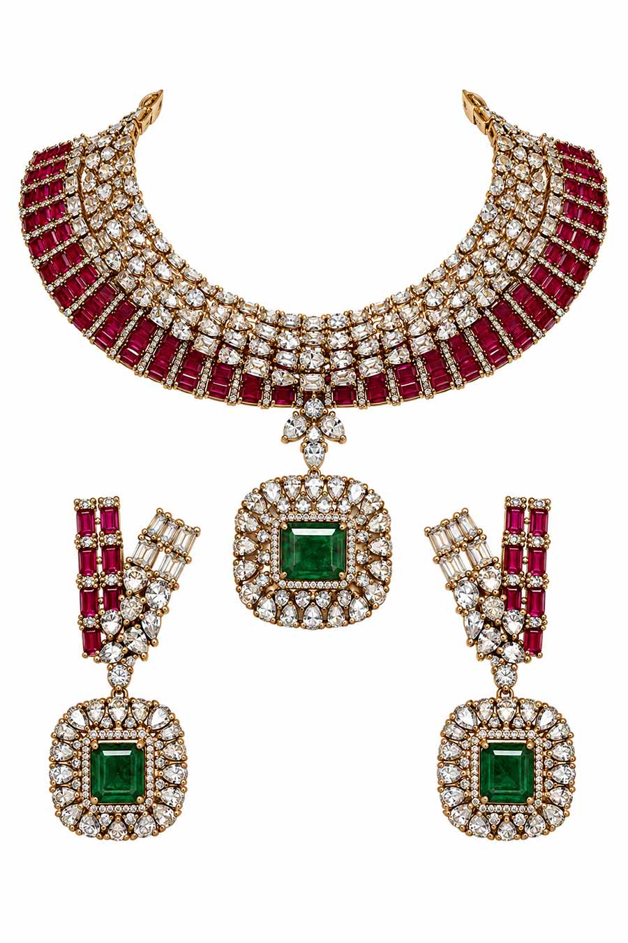 Ruby Emerald Kundan Necklace & Earrings Set