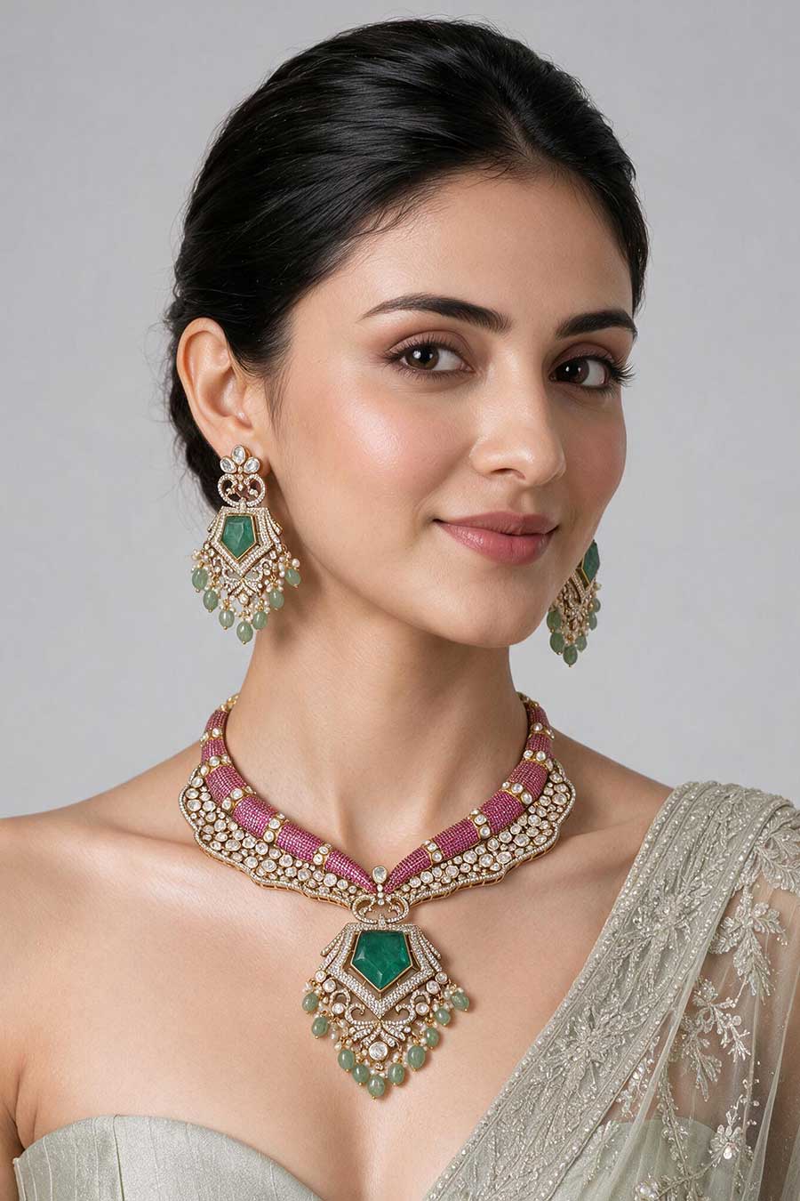 Emerald Pearl Necklace & Earrings Set