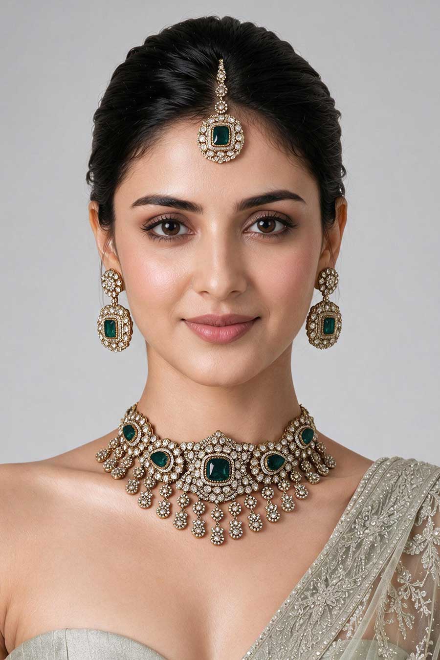 Emerald Polki Kundan Necklace & Earrings Set With Maang Teeka