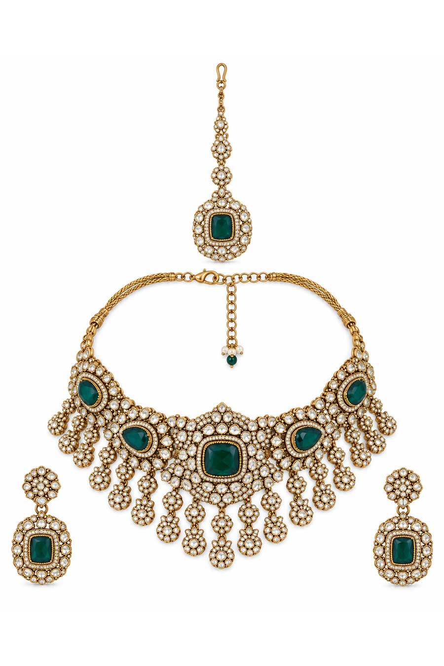 Emerald Polki Kundan Necklace & Earrings Set With Maang Teeka