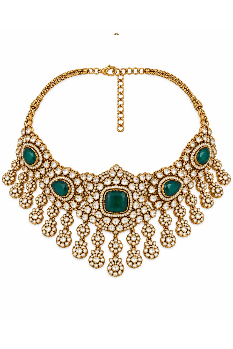 Emerald Polki Kundan Necklace & Earrings Set With Maang Teeka