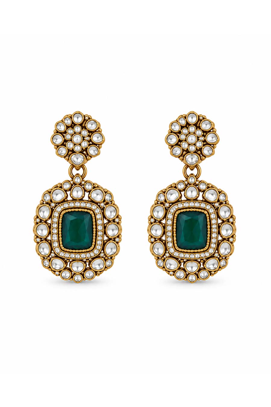 Emerald Polki Kundan Necklace & Earrings Set With Maang Teeka