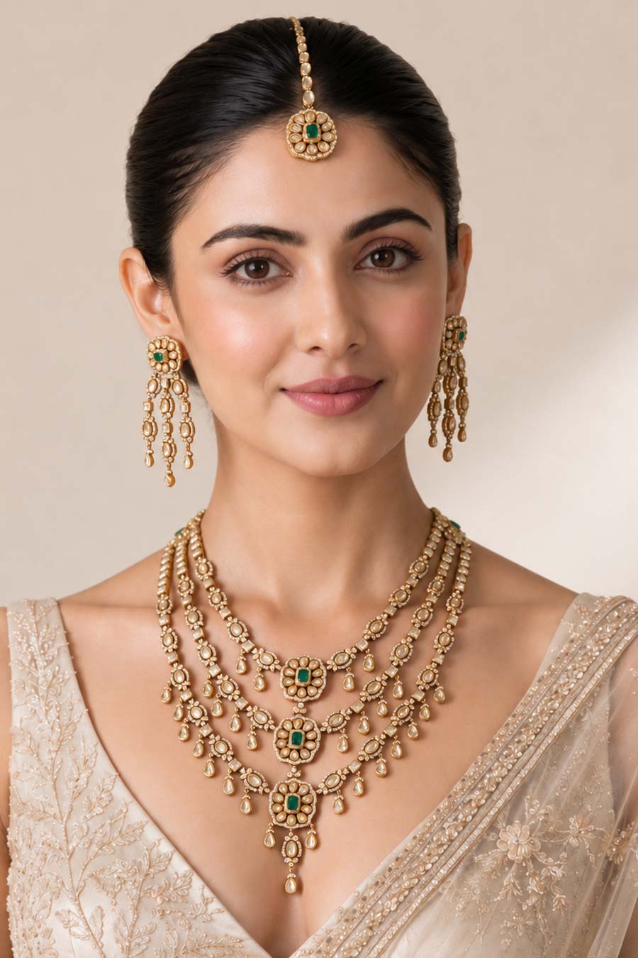 Kundan 3-Layered Necklace & Earrings Set With Maang Teeka