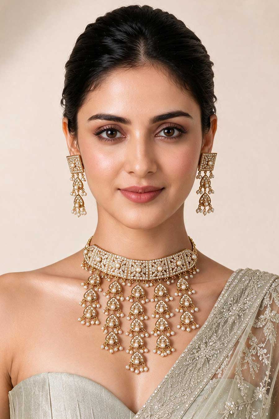 Gold Plated Jadau Choker Necklace & Earrings Set