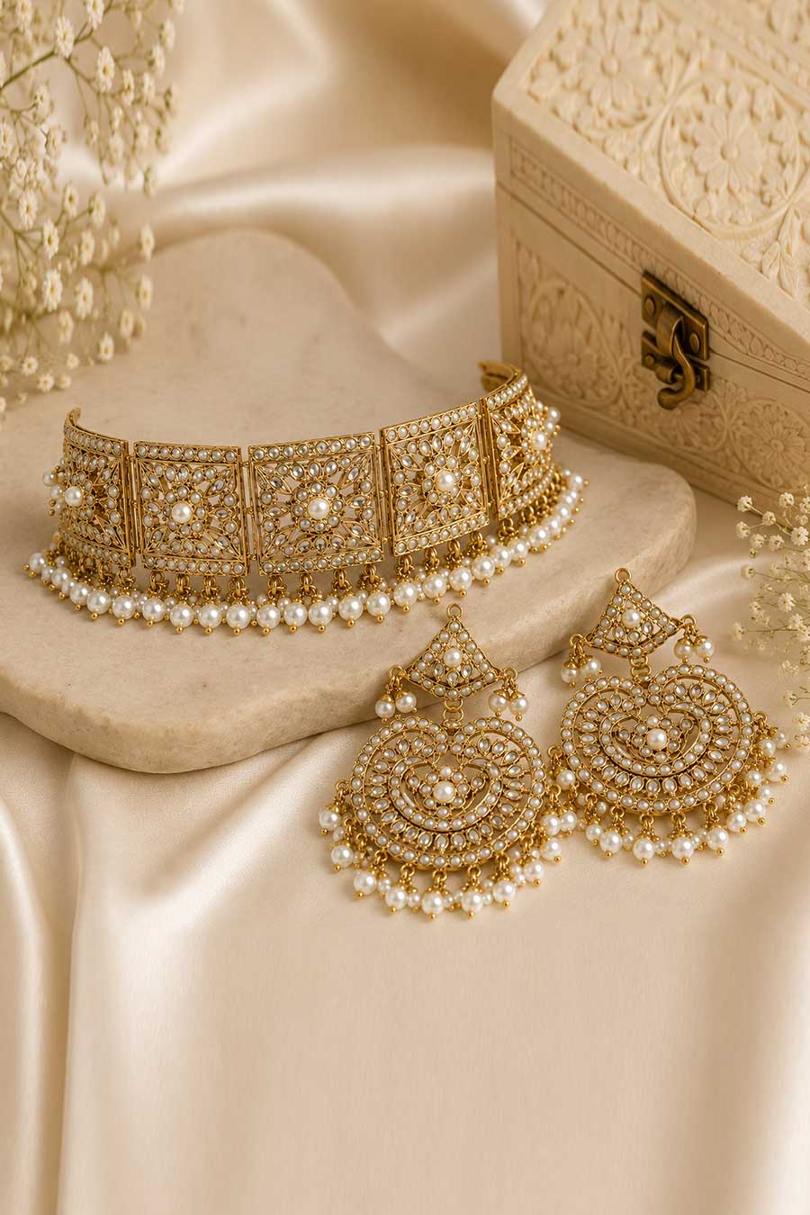 Gold Plated Jadau Choker Necklace & Earrings Set