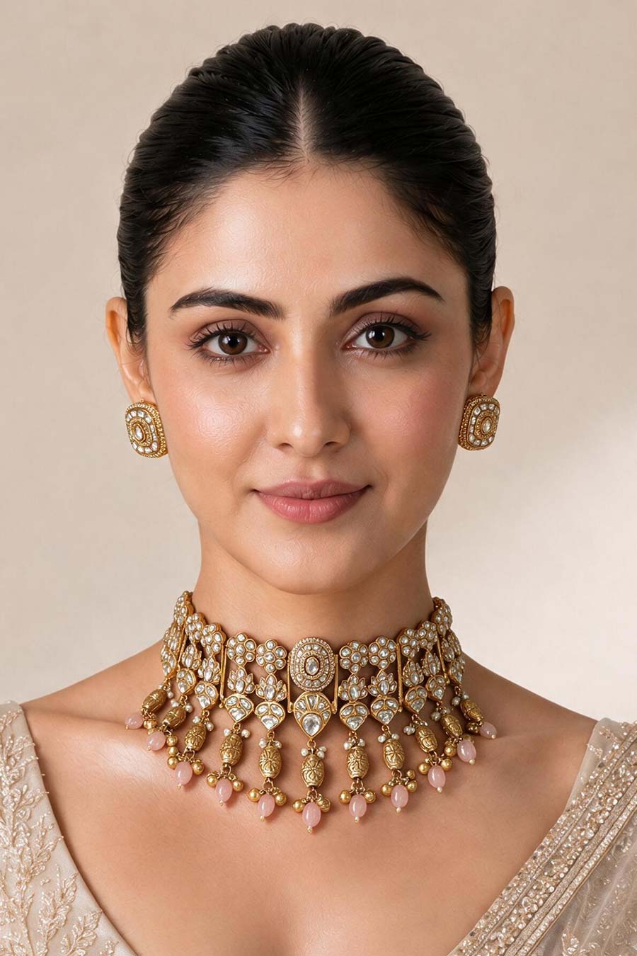 Gold Plated Kundan Choker Necklace & Earrings Set