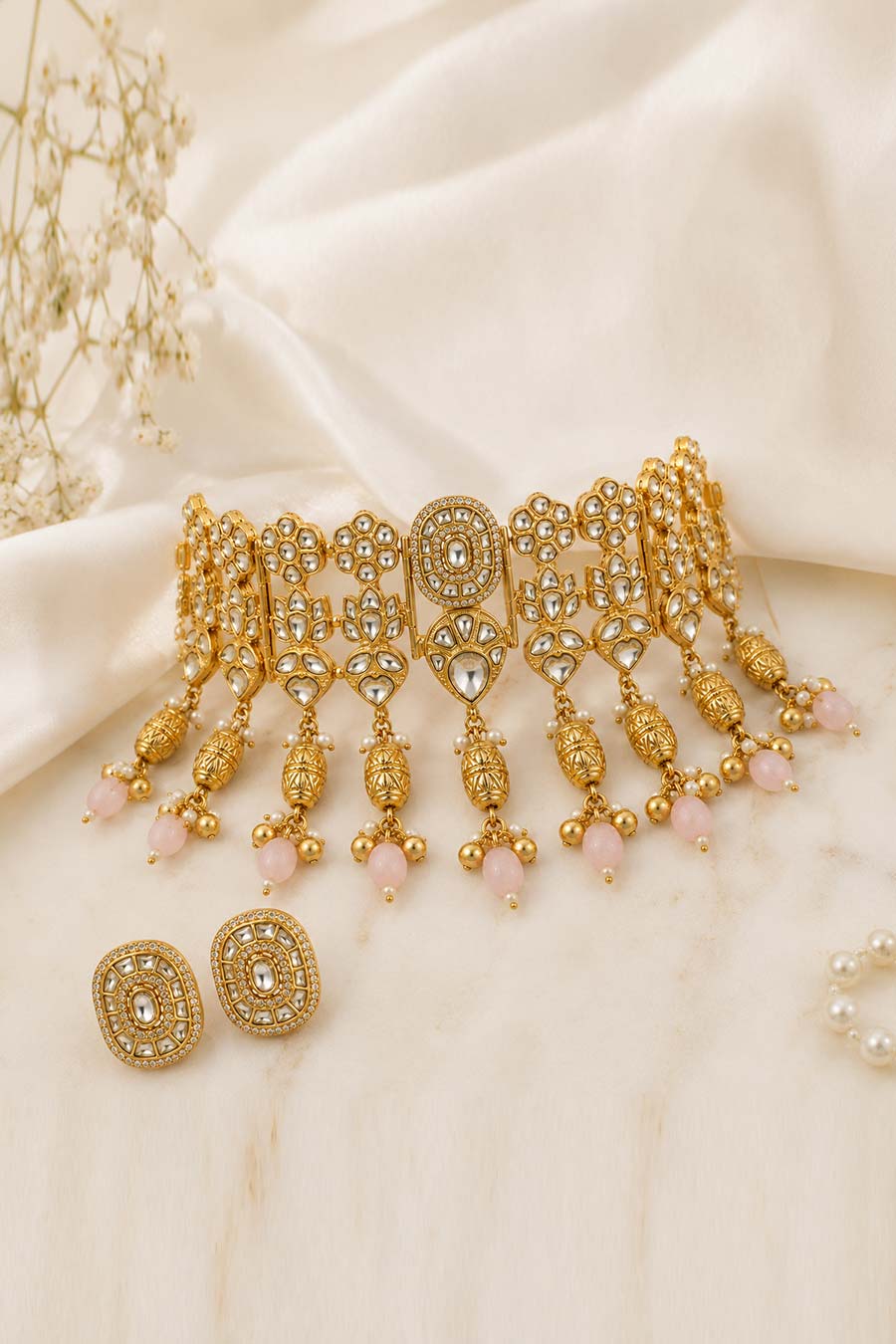 Gold Plated Kundan Choker Necklace & Earrings Set