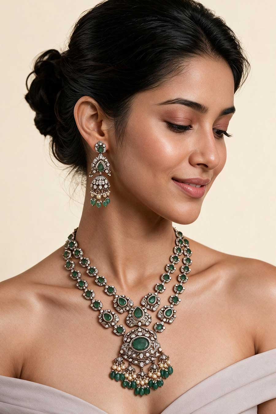 Emerald Polki Two-Layered Necklace & Earrings Set