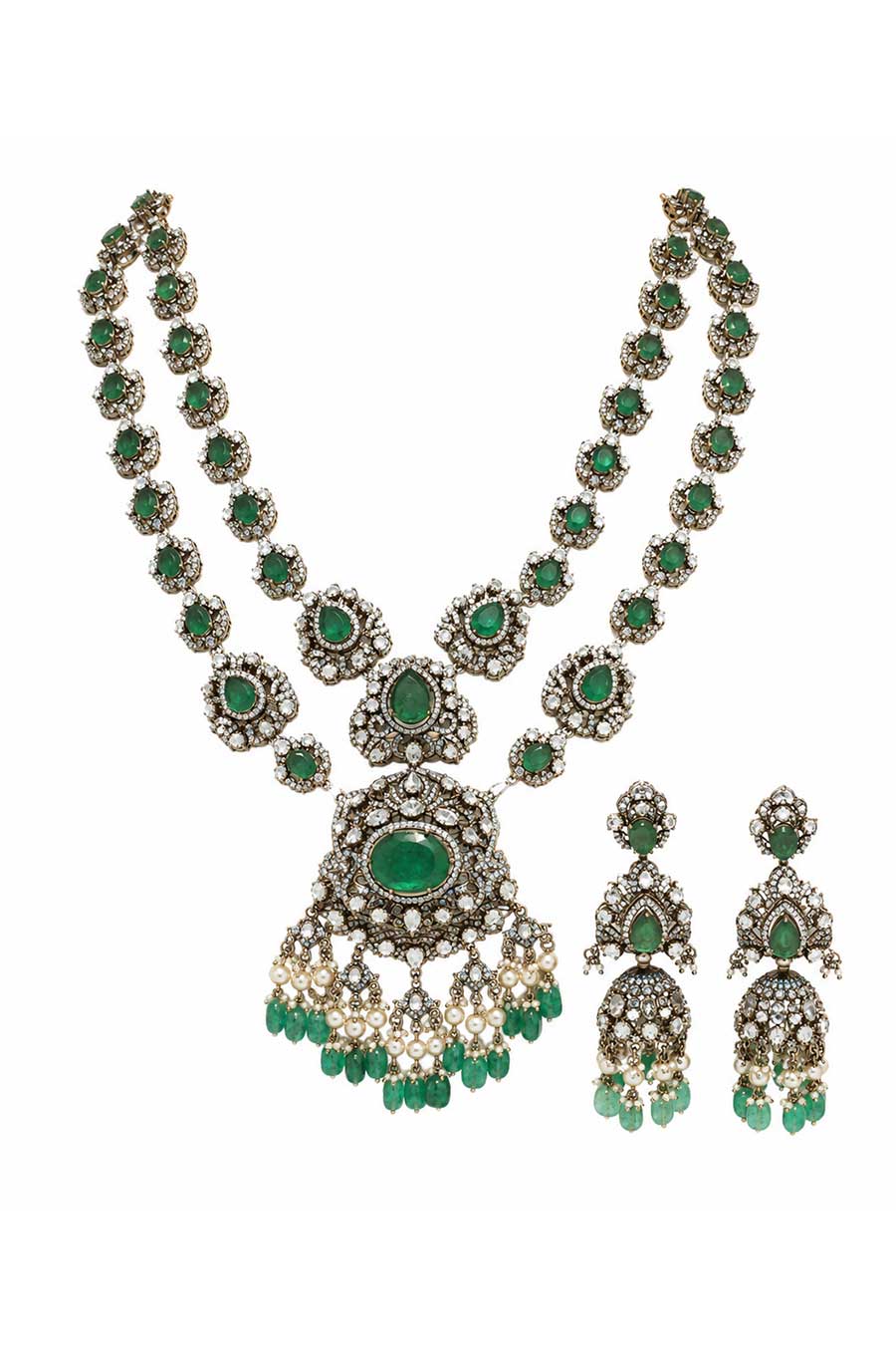 Emerald Polki Two-Layered Necklace & Earrings Set