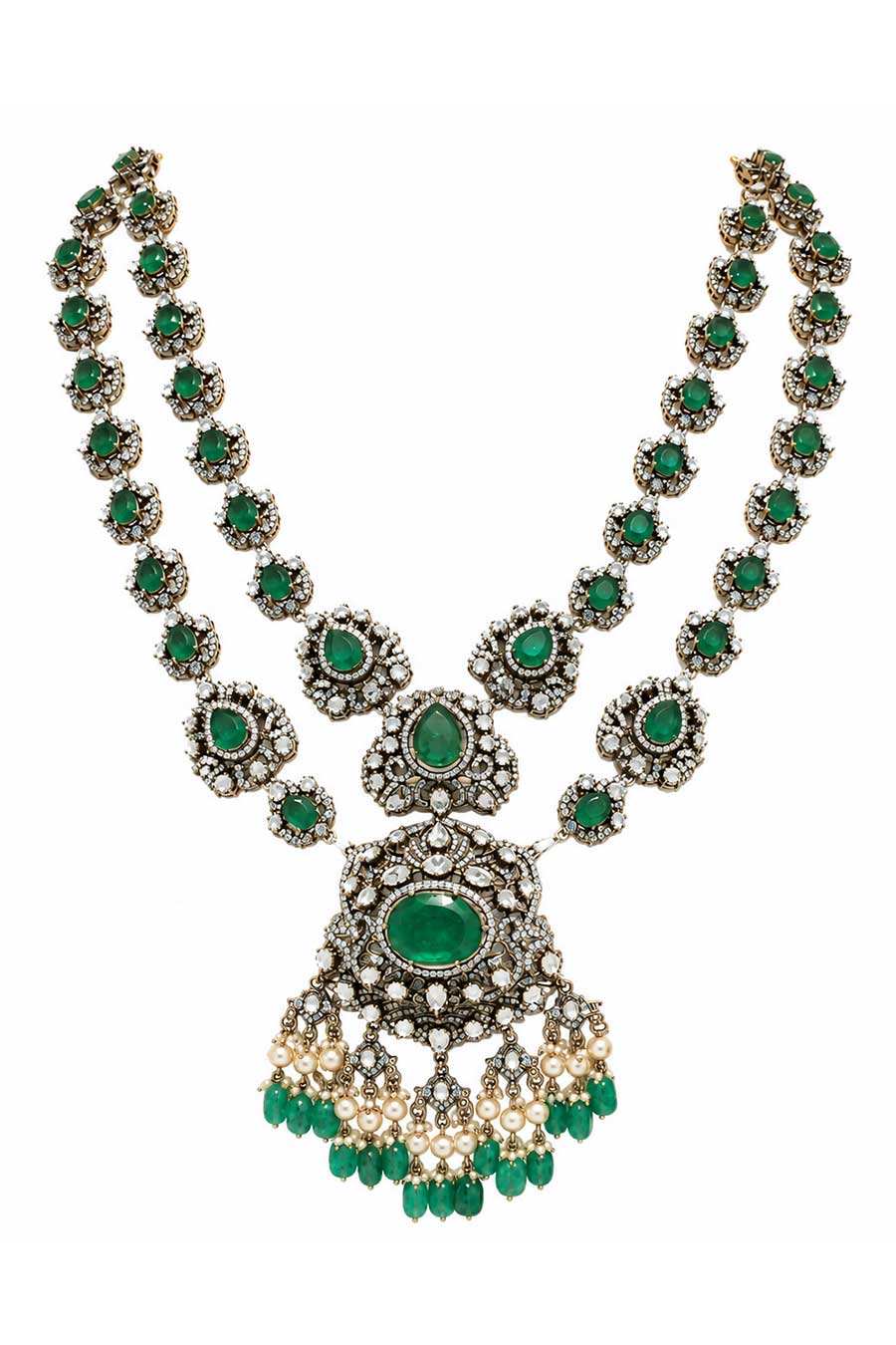 Emerald Polki Two-Layered Necklace & Earrings Set