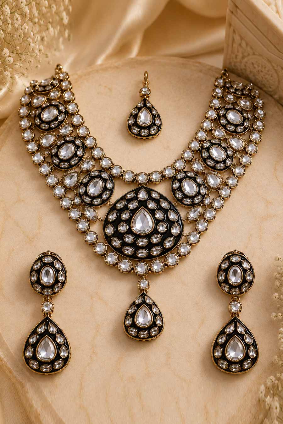 Emerald Kundan Polki Necklace Earring & Maang Teeka Set