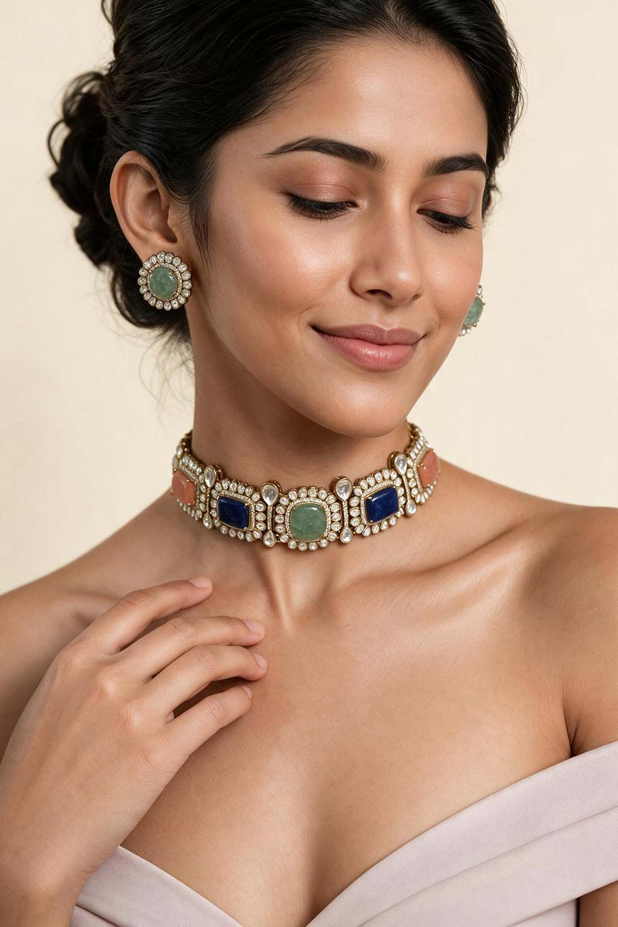 Multicolour Semi-Precious Kundan Choker & Earrings Set