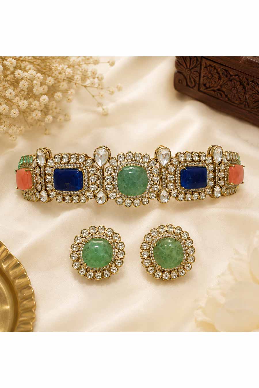 Multicolour Semi-Precious Kundan Choker & Earrings Set