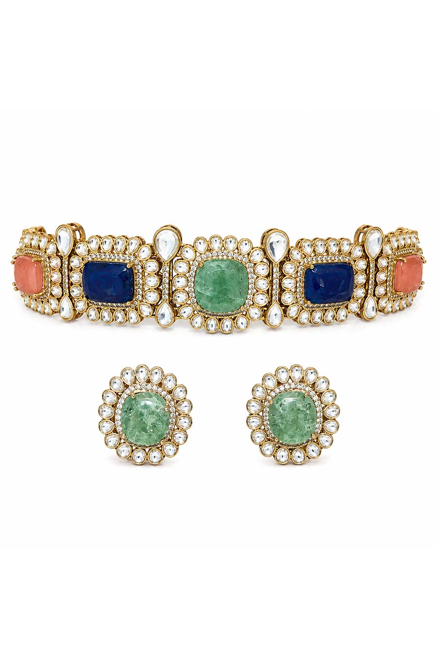 Multicolour Semi-Precious Kundan Choker & Earrings Set