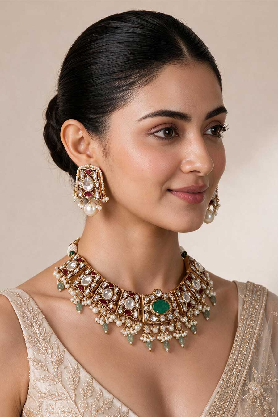 Sage Green Semi-Precious Kundan Choker & Earrings Set