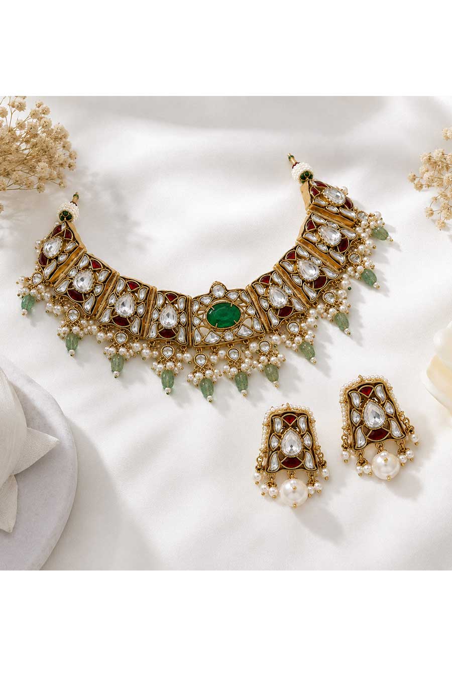 Sage Green Semi-Precious Kundan Choker & Earrings Set