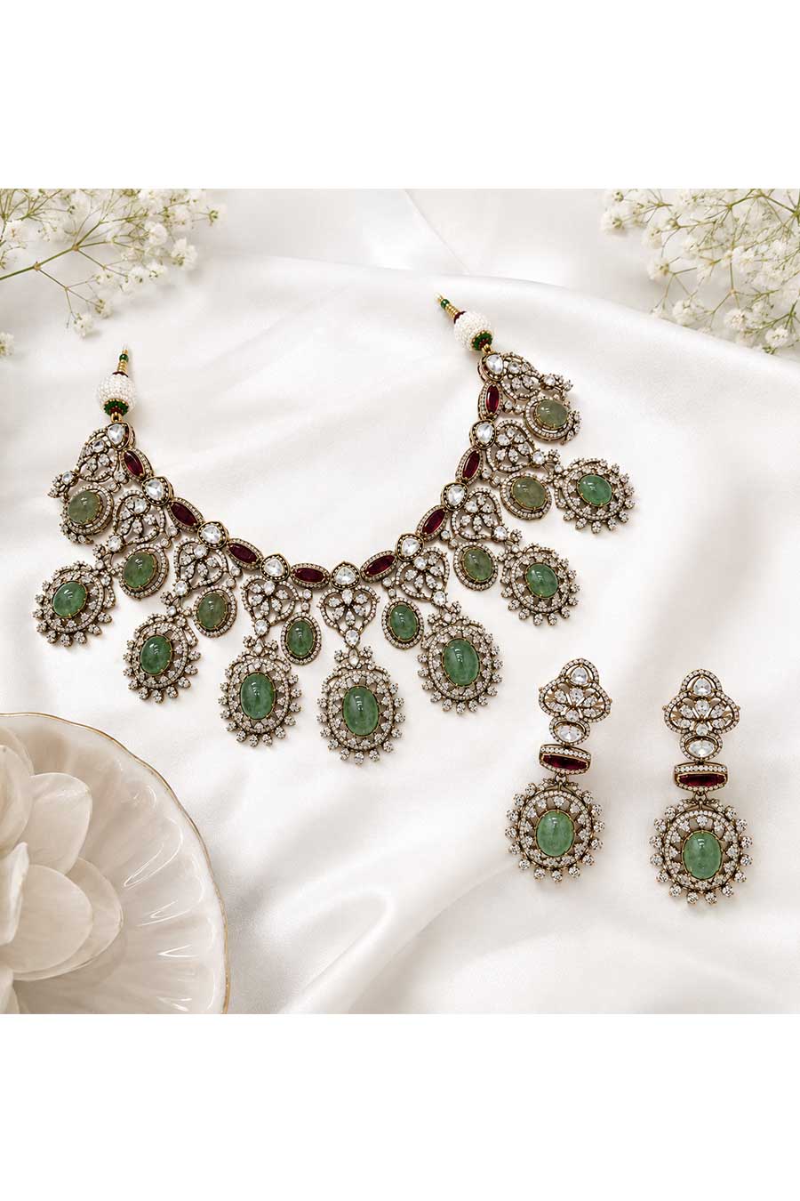 Sage Green Semi-Precious Zircon Necklace & Earrings Set