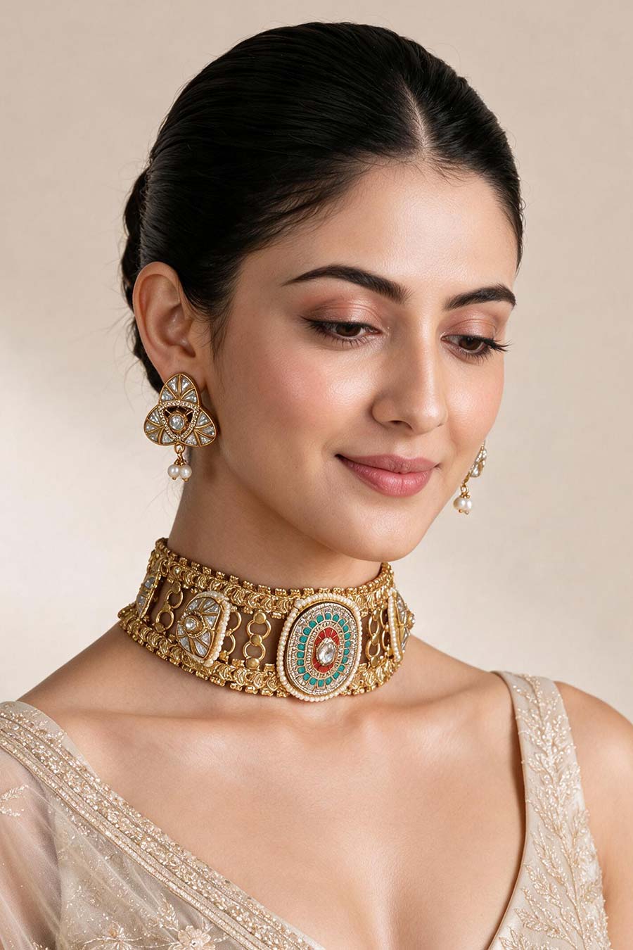 Multicoloured Jadau Kundan & Pearl Choker & Earrings Set