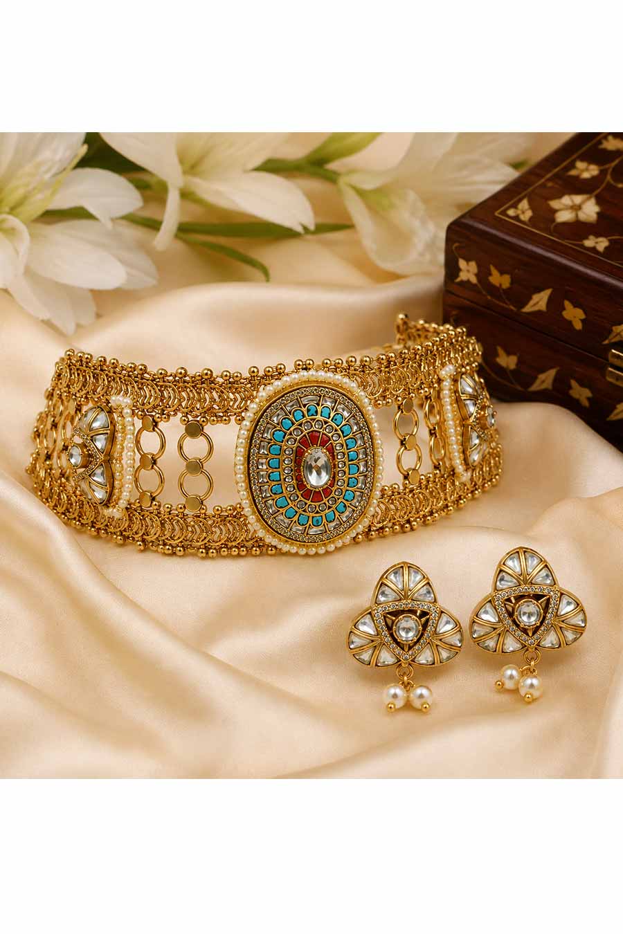 Multicoloured Jadau Kundan & Pearl Choker & Earrings Set