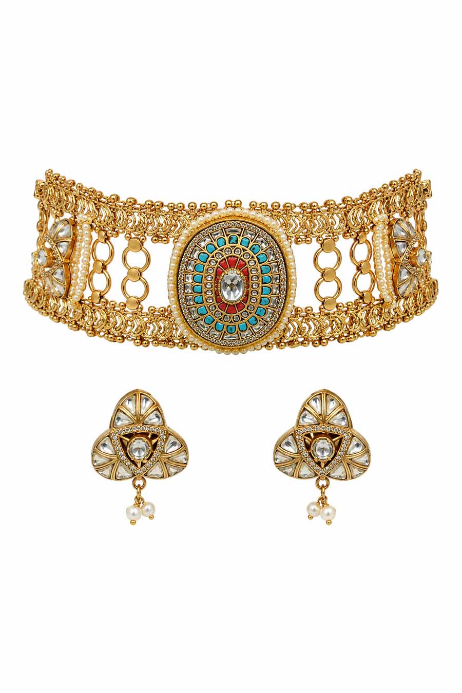 Multicoloured Jadau Kundan & Pearl Choker & Earrings Set