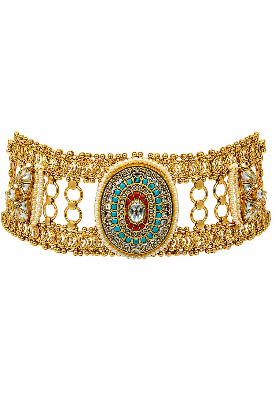 Multicoloured Jadau Kundan & Pearl Choker & Earrings Set