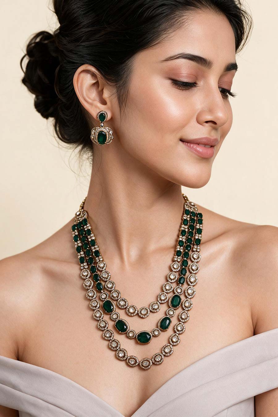 Emerald Green 3-Layered Necklace & Earrings Set