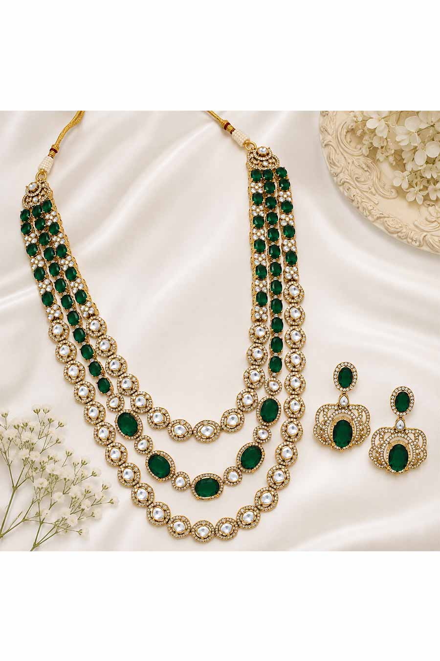 Emerald Green 3-Layered Necklace & Earrings Set