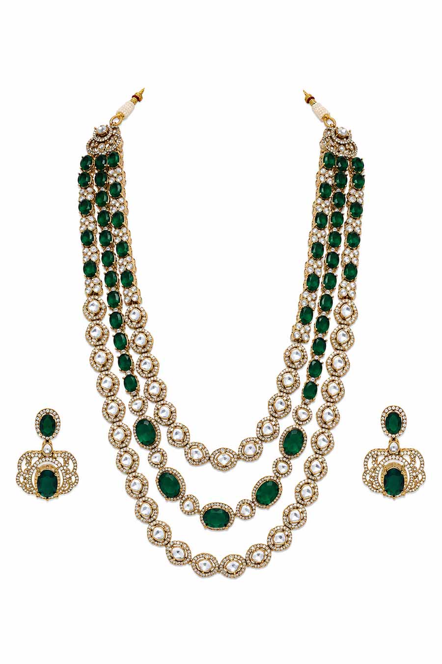 Emerald Green 3-Layered Necklace & Earrings Set
