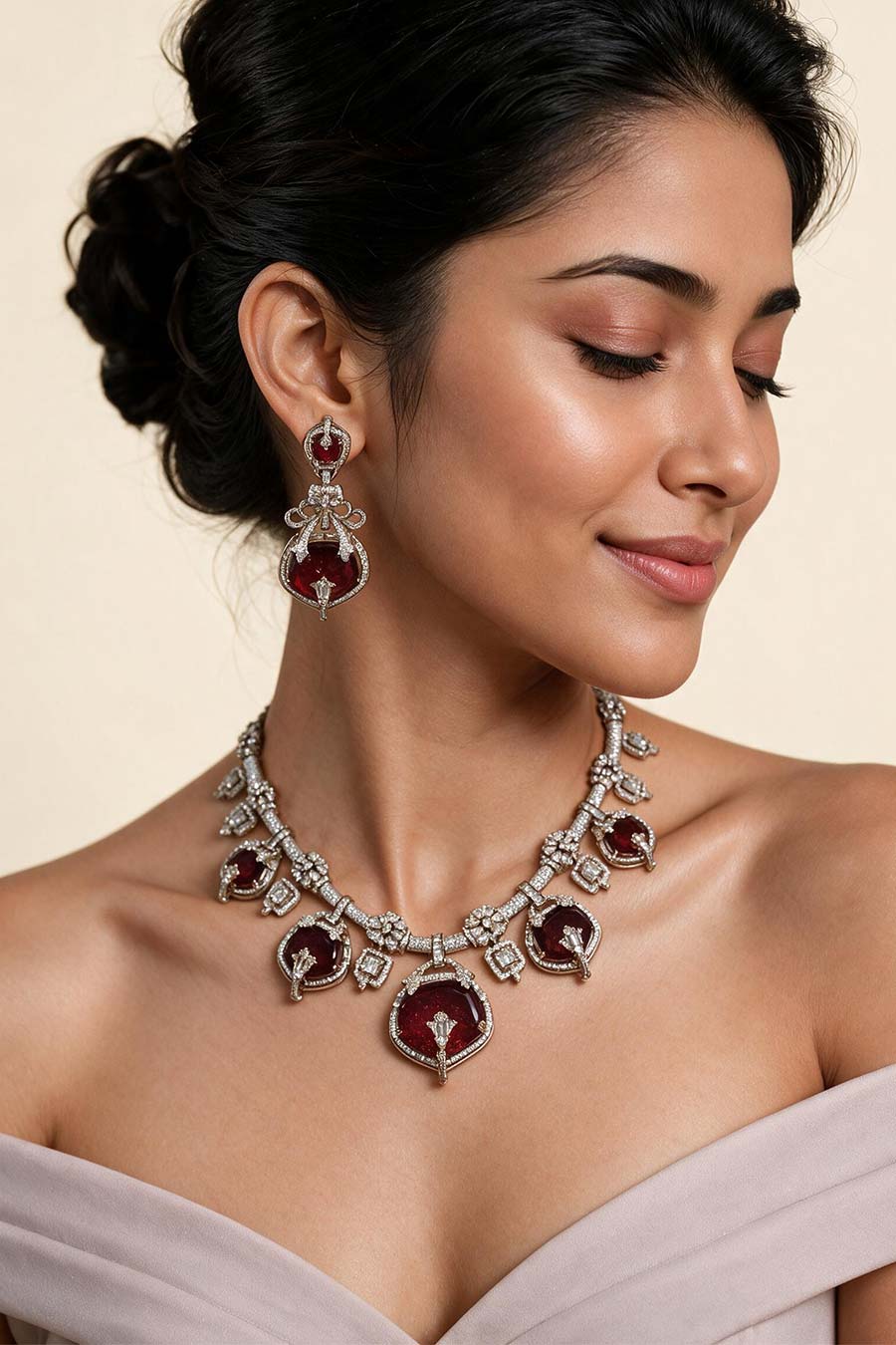Ruby Semi-Precious Moissanite Necklace & Earrings Set