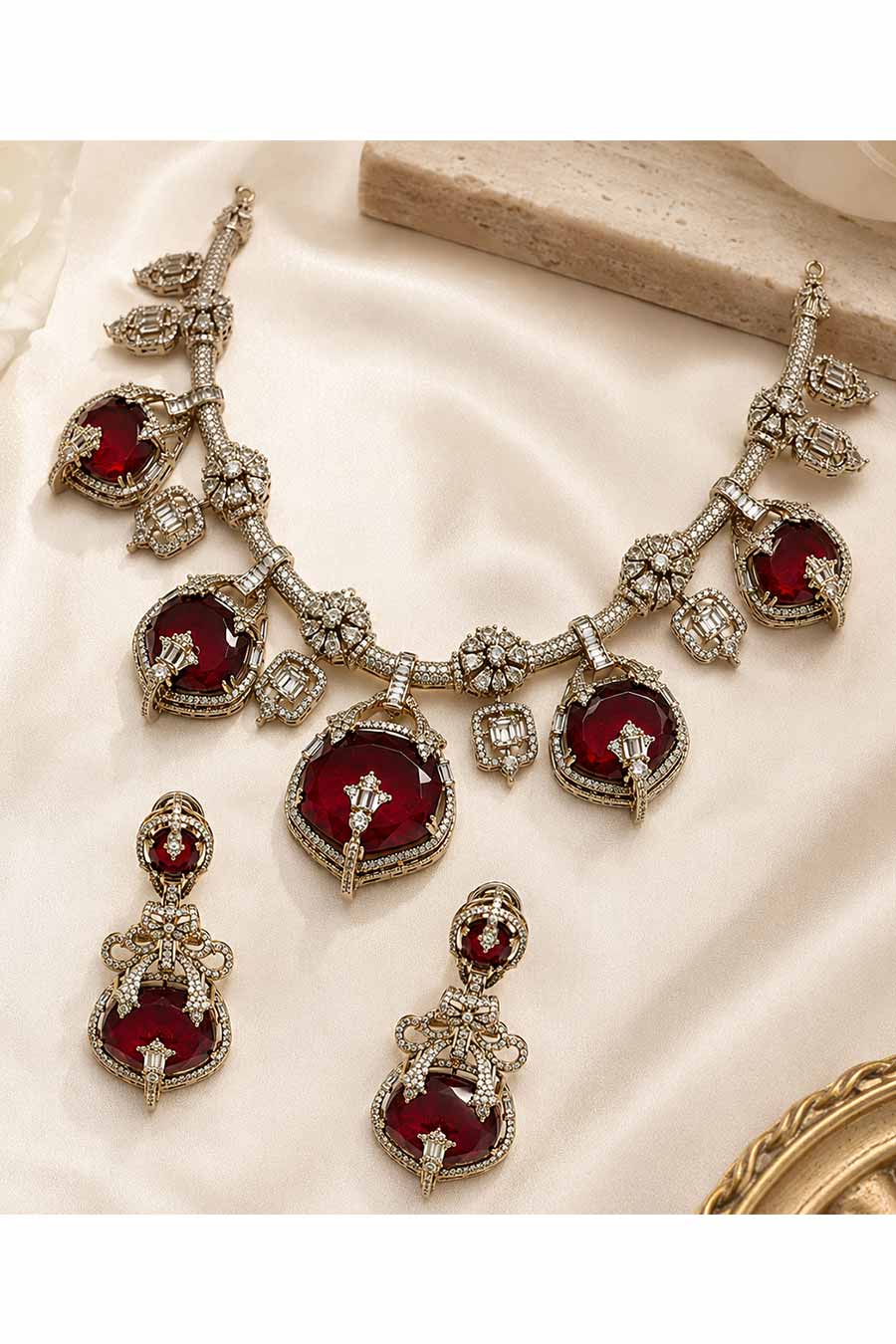 Ruby Semi-Precious Moissanite Necklace & Earrings Set